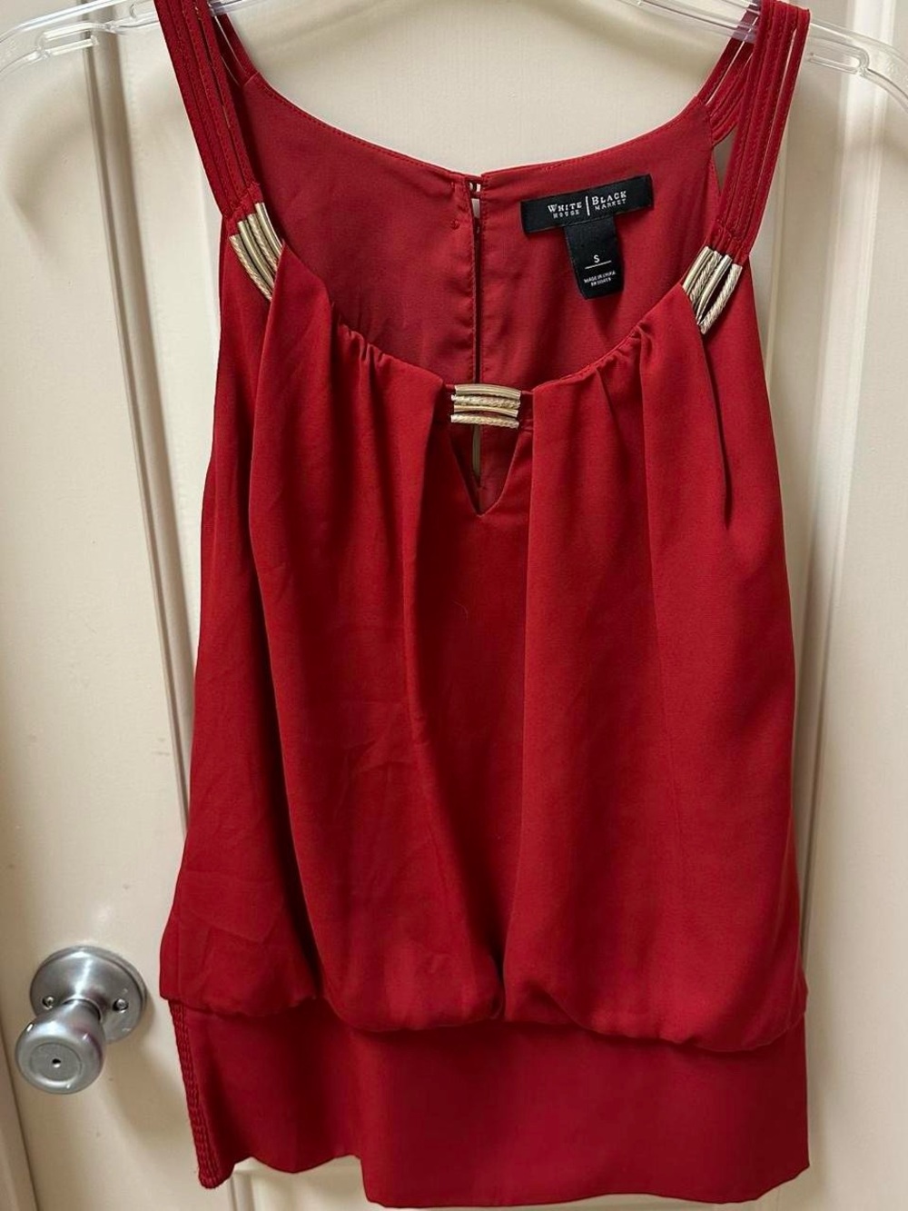 Red White House Black Label top with gold detailing. Adult Size small.